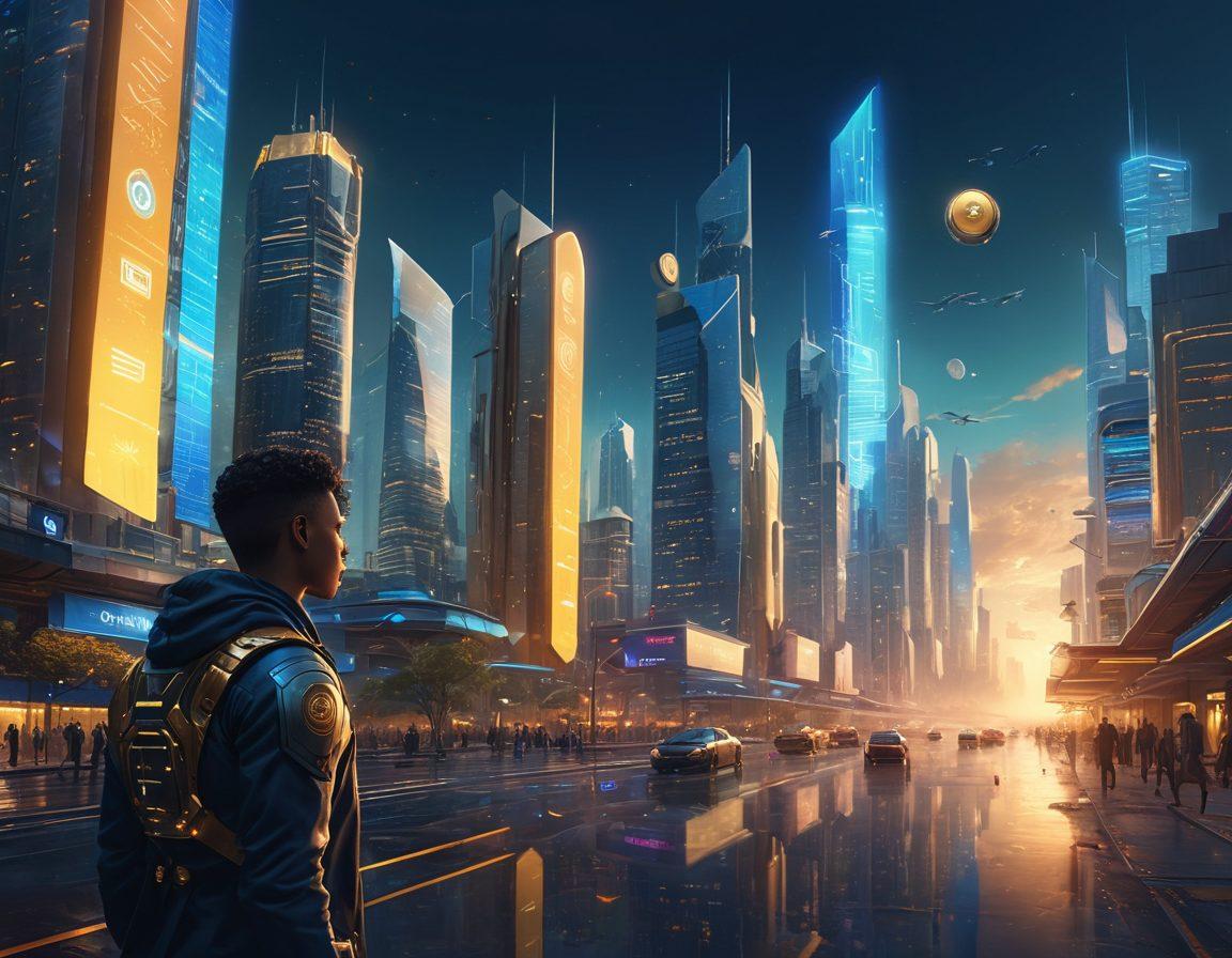 A sleek, futuristic cityscape representing the digital landscape, with glowing insurance symbols (like shields and coins) floating above modern buildings. Incorporate a diverse group of people interacting with digital devices displaying premium quotes. Use blue and gold tones to evoke trust and prosperity, with a clear sky above to symbolize limitless possibilities. cyberpunk. vibrant colors. super-realistic.