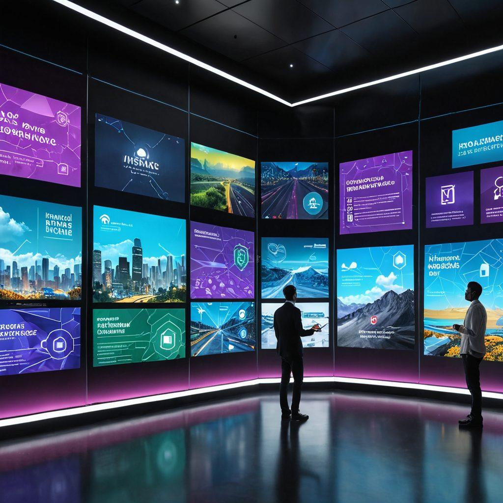 A visually immersive digital landscape depicting various insurance coverage options like health, auto, and home in sleek floating panels. Incorporate a person navigating through this tech-driven environment, interacting with holographic displays showcasing benefits and comparisons. Use vivid colors and futuristic elements to emphasize the complexity and accessibility of the digital marketplace. The scene should evoke a sense of empowerment and clarity in decision-making. super-realistic. vibrant colors. 3D.