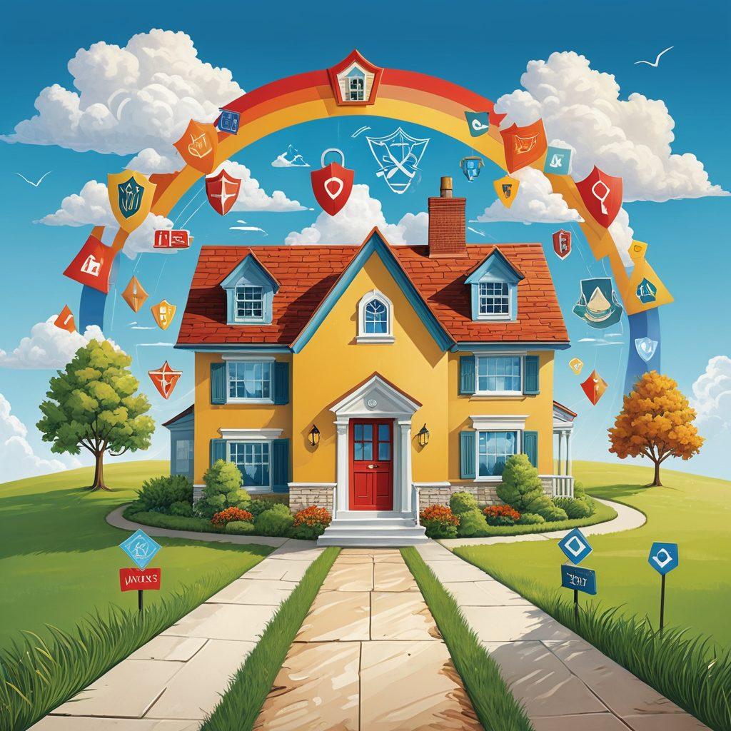 A dynamic visual collage showing a secure path featuring diverse insurance symbols like a shield, house, and business briefcase. Include elements representing personal and business needs, such as happy families and thriving businesses along the path. The background transitions from a cloudy sky to a clear blue sky, symbolizing security and peace of mind. Bright and inviting color palette to enhance appeal. vibrant colors. vector art.